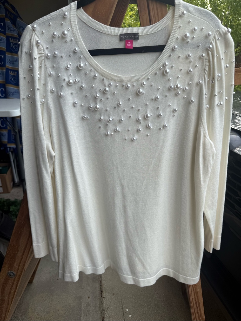 Vince Camuto Ivory Pearl-Studded Long Sleeve Top